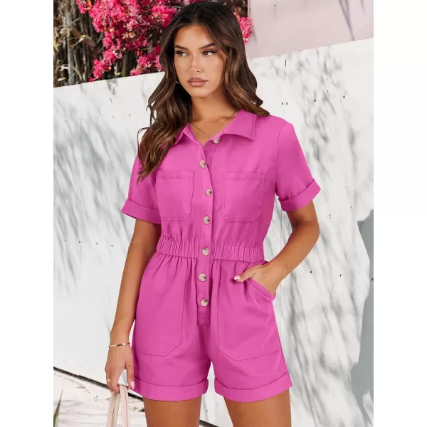 imageANRABESS Womens Utility Short Jumpsuits Cotton Cargo Rompers Button Down Denim Overalls with PocketsHot Pink