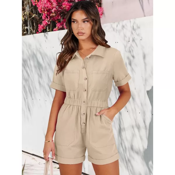 imageANRABESS Womens Utility Short Jumpsuits Cotton Cargo Rompers Button Down Denim Overalls with PocketsKhaki