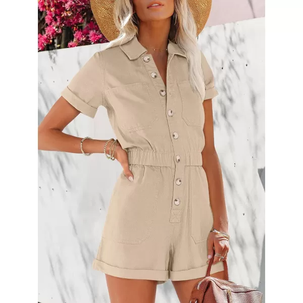 imageANRABESS Womens Utility Short Jumpsuits Cotton Cargo Rompers Button Down Denim Overalls with PocketsKhaki