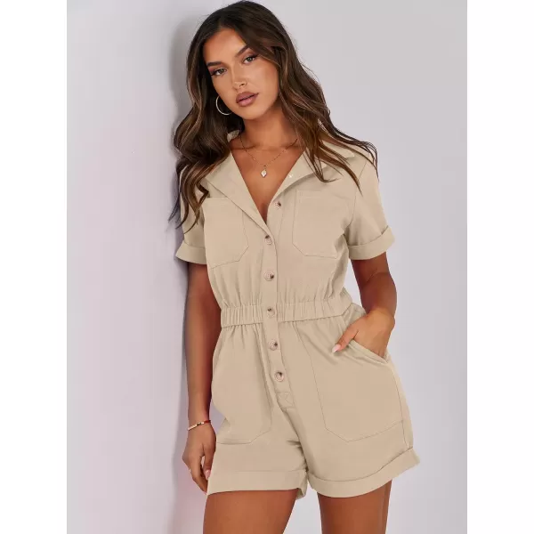 imageANRABESS Womens Utility Short Jumpsuits Cotton Cargo Rompers Button Down Denim Overalls with PocketsKhaki