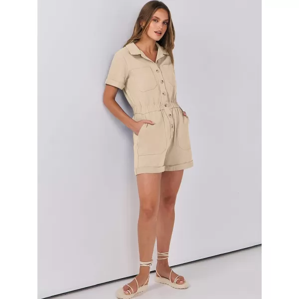 imageANRABESS Womens Utility Short Jumpsuits Cotton Cargo Rompers Button Down Denim Overalls with PocketsKhaki