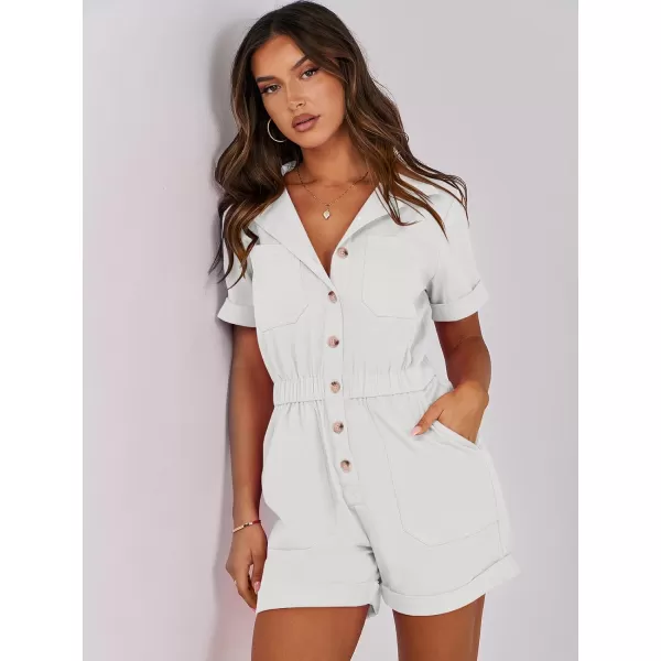 imageANRABESS Womens Utility Short Jumpsuits Cotton Cargo Rompers Button Down Denim Overalls with PocketsWhite