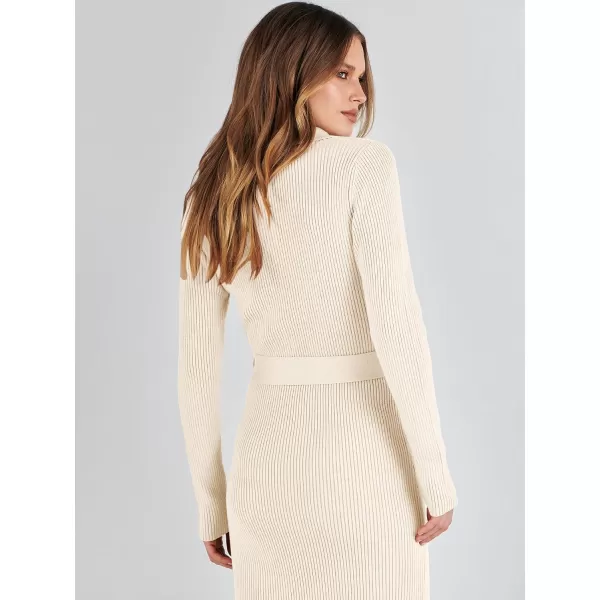imageANRABESS Womens V Neck Long Sleeve Bodycon Sweater Dress 2023 Fall Button Up Tie Waist Sexy Ribbed Knit Midi DressesApricot