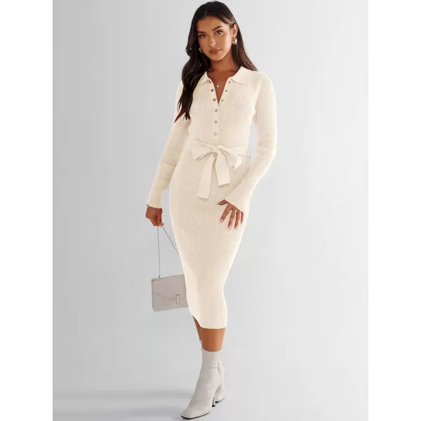 imageANRABESS Womens V Neck Long Sleeve Bodycon Sweater Dress 2023 Fall Button Up Tie Waist Sexy Ribbed Knit Midi DressesApricot