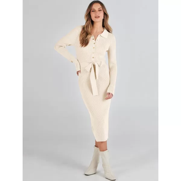 imageANRABESS Womens V Neck Long Sleeve Bodycon Sweater Dress 2023 Fall Button Up Tie Waist Sexy Ribbed Knit Midi DressesApricot