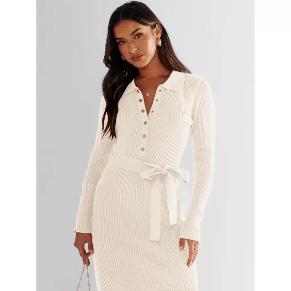 imageANRABESS Womens V Neck Long Sleeve Bodycon Sweater Dress 2023 Fall Button Up Tie Waist Sexy Ribbed Knit Midi DressesApricot