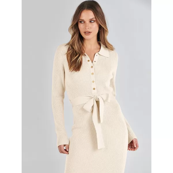 imageANRABESS Womens V Neck Long Sleeve Bodycon Sweater Dress 2023 Fall Button Up Tie Waist Sexy Ribbed Knit Midi DressesApricot