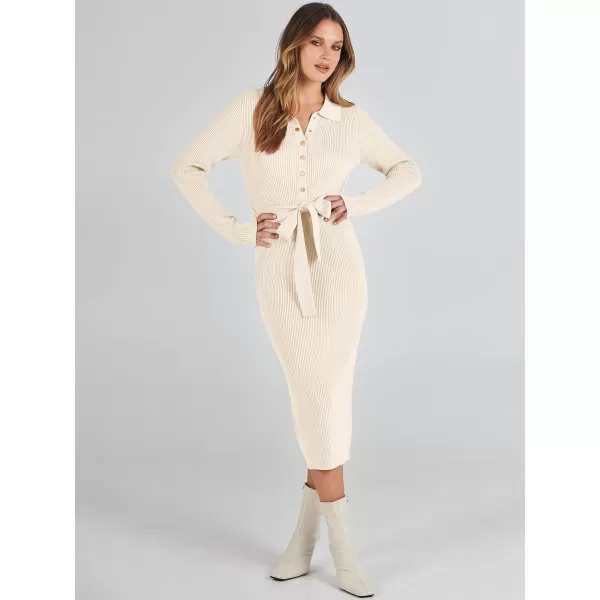 imageANRABESS Womens V Neck Long Sleeve Bodycon Sweater Dress 2023 Fall Button Up Tie Waist Sexy Ribbed Knit Midi DressesApricot