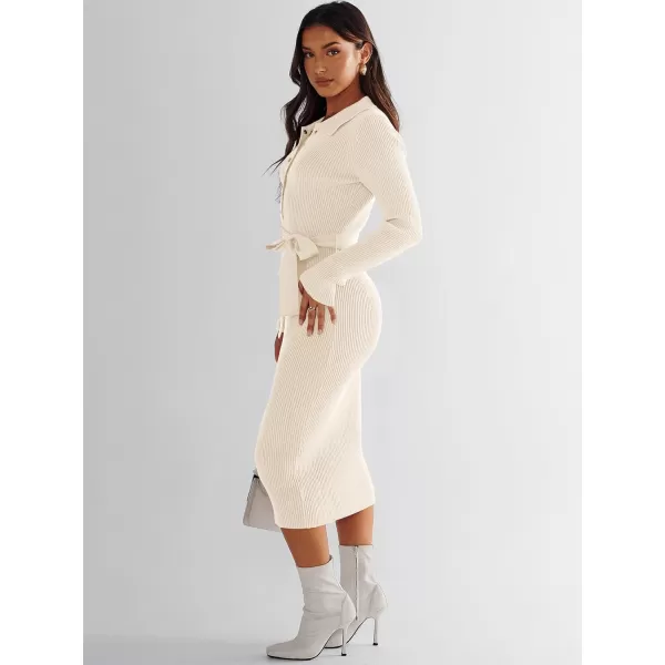 imageANRABESS Womens V Neck Long Sleeve Bodycon Sweater Dress 2023 Fall Button Up Tie Waist Sexy Ribbed Knit Midi DressesApricot