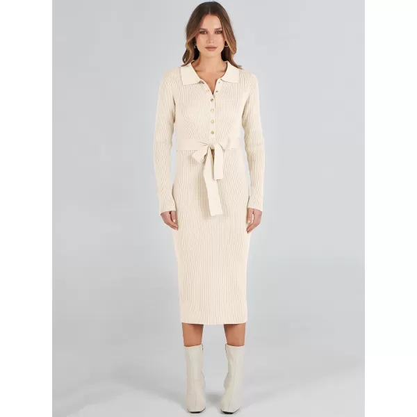 imageANRABESS Womens V Neck Long Sleeve Bodycon Sweater Dress 2023 Fall Button Up Tie Waist Sexy Ribbed Knit Midi DressesApricot