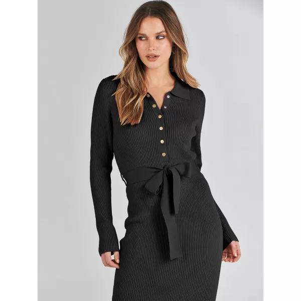 imageANRABESS Womens V Neck Long Sleeve Bodycon Sweater Dress 2023 Fall Button Up Tie Waist Sexy Ribbed Knit Midi DressesBlack