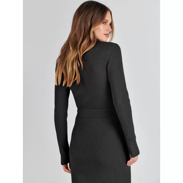 imageANRABESS Womens V Neck Long Sleeve Bodycon Sweater Dress 2023 Fall Button Up Tie Waist Sexy Ribbed Knit Midi DressesBlack