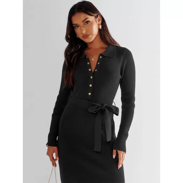 imageANRABESS Womens V Neck Long Sleeve Bodycon Sweater Dress 2023 Fall Button Up Tie Waist Sexy Ribbed Knit Midi DressesBlack