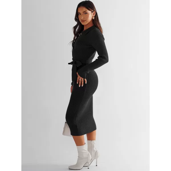 imageANRABESS Womens V Neck Long Sleeve Bodycon Sweater Dress 2023 Fall Button Up Tie Waist Sexy Ribbed Knit Midi DressesBlack