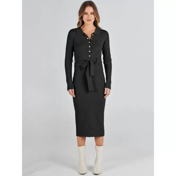 imageANRABESS Womens V Neck Long Sleeve Bodycon Sweater Dress 2023 Fall Button Up Tie Waist Sexy Ribbed Knit Midi DressesBlack
