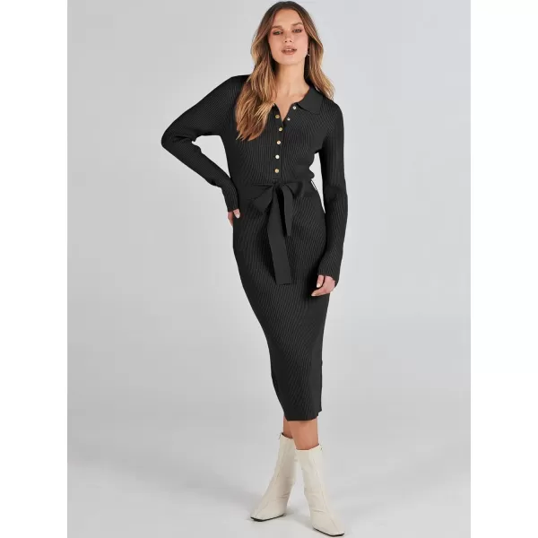imageANRABESS Womens V Neck Long Sleeve Bodycon Sweater Dress 2023 Fall Button Up Tie Waist Sexy Ribbed Knit Midi DressesBlack