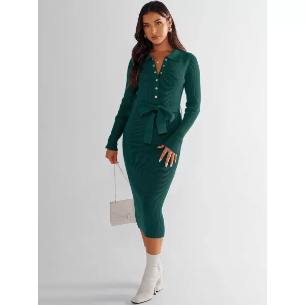 imageANRABESS Womens V Neck Long Sleeve Bodycon Sweater Dress 2023 Fall Button Up Tie Waist Sexy Ribbed Knit Midi DressesDark Green