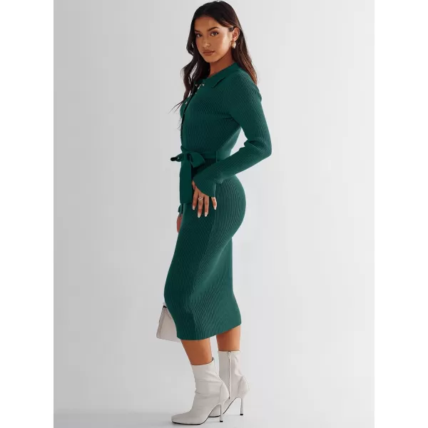 imageANRABESS Womens V Neck Long Sleeve Bodycon Sweater Dress 2023 Fall Button Up Tie Waist Sexy Ribbed Knit Midi DressesDark Green