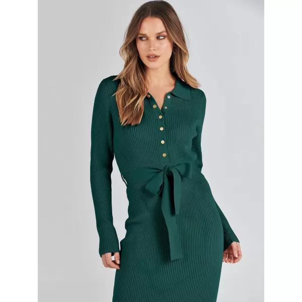 imageANRABESS Womens V Neck Long Sleeve Bodycon Sweater Dress 2023 Fall Button Up Tie Waist Sexy Ribbed Knit Midi DressesDark Green