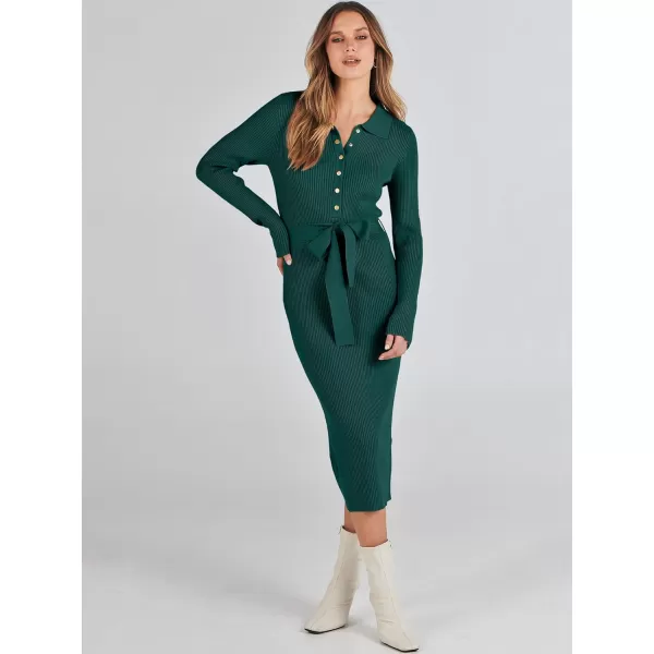 imageANRABESS Womens V Neck Long Sleeve Bodycon Sweater Dress 2023 Fall Button Up Tie Waist Sexy Ribbed Knit Midi DressesDark Green