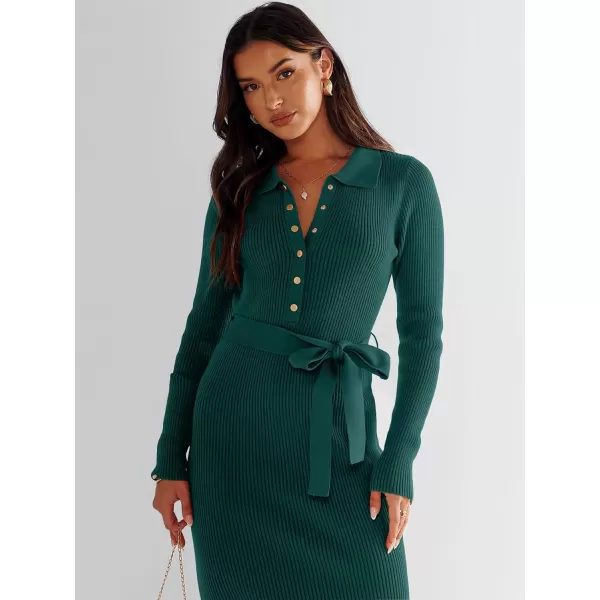 imageANRABESS Womens V Neck Long Sleeve Bodycon Sweater Dress 2023 Fall Button Up Tie Waist Sexy Ribbed Knit Midi DressesDark Green