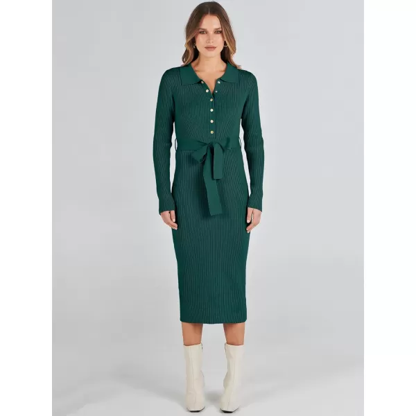 imageANRABESS Womens V Neck Long Sleeve Bodycon Sweater Dress 2023 Fall Button Up Tie Waist Sexy Ribbed Knit Midi DressesDark Green