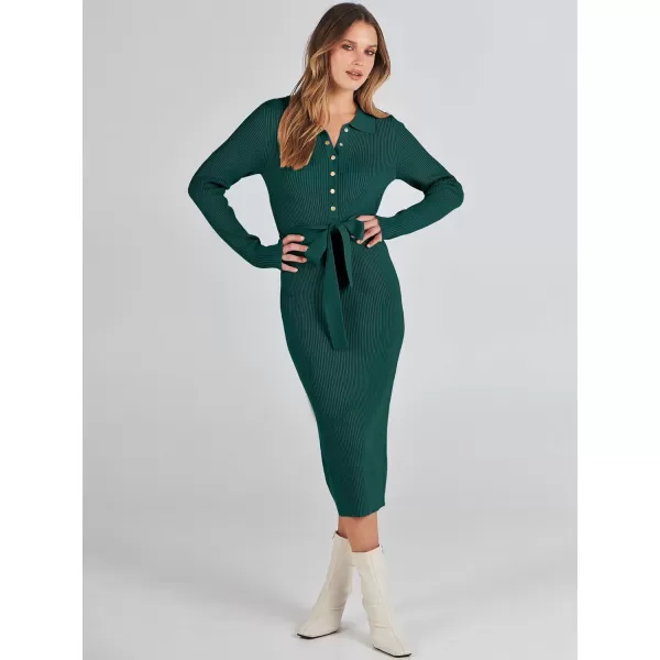 imageANRABESS Womens V Neck Long Sleeve Bodycon Sweater Dress 2023 Fall Button Up Tie Waist Sexy Ribbed Knit Midi DressesDark Green