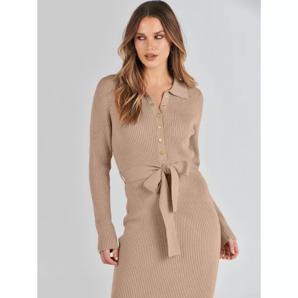 imageANRABESS Womens V Neck Long Sleeve Bodycon Sweater Dress 2023 Fall Button Up Tie Waist Sexy Ribbed Knit Midi DressesDeep Apricot