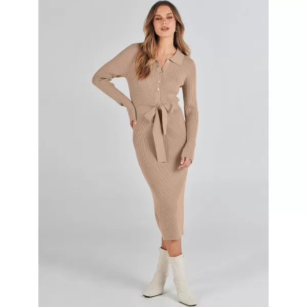 imageANRABESS Womens V Neck Long Sleeve Bodycon Sweater Dress 2023 Fall Button Up Tie Waist Sexy Ribbed Knit Midi DressesDeep Apricot