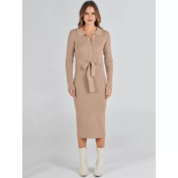 imageANRABESS Womens V Neck Long Sleeve Bodycon Sweater Dress 2023 Fall Button Up Tie Waist Sexy Ribbed Knit Midi DressesDeep Apricot