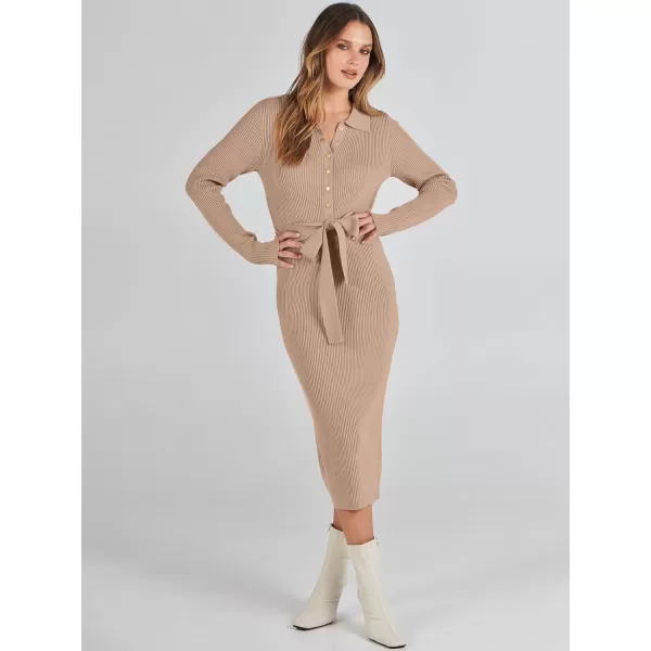 imageANRABESS Womens V Neck Long Sleeve Bodycon Sweater Dress 2023 Fall Button Up Tie Waist Sexy Ribbed Knit Midi DressesDeep Apricot