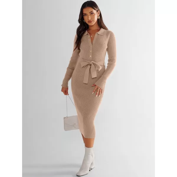 imageANRABESS Womens V Neck Long Sleeve Bodycon Sweater Dress 2023 Fall Button Up Tie Waist Sexy Ribbed Knit Midi DressesDeep Apricot
