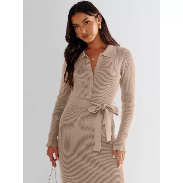 imageANRABESS Womens V Neck Long Sleeve Bodycon Sweater Dress 2023 Fall Button Up Tie Waist Sexy Ribbed Knit Midi DressesDeep Apricot