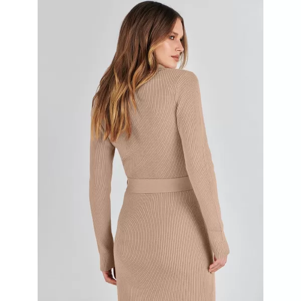 imageANRABESS Womens V Neck Long Sleeve Bodycon Sweater Dress 2023 Fall Button Up Tie Waist Sexy Ribbed Knit Midi DressesDeep Apricot
