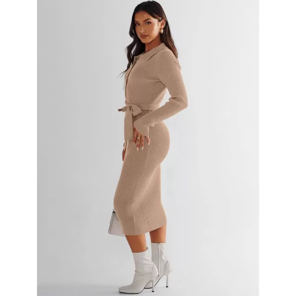 imageANRABESS Womens V Neck Long Sleeve Bodycon Sweater Dress 2023 Fall Button Up Tie Waist Sexy Ribbed Knit Midi DressesDeep Apricot