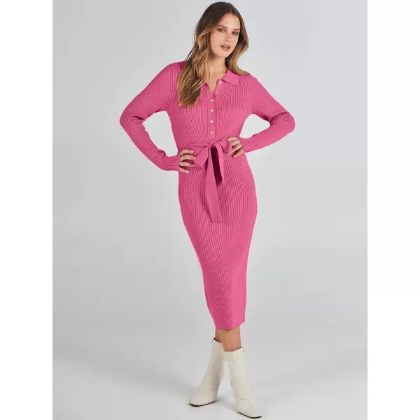 imageANRABESS Womens V Neck Long Sleeve Bodycon Sweater Dress 2023 Fall Button Up Tie Waist Sexy Ribbed Knit Midi DressesHot Pink