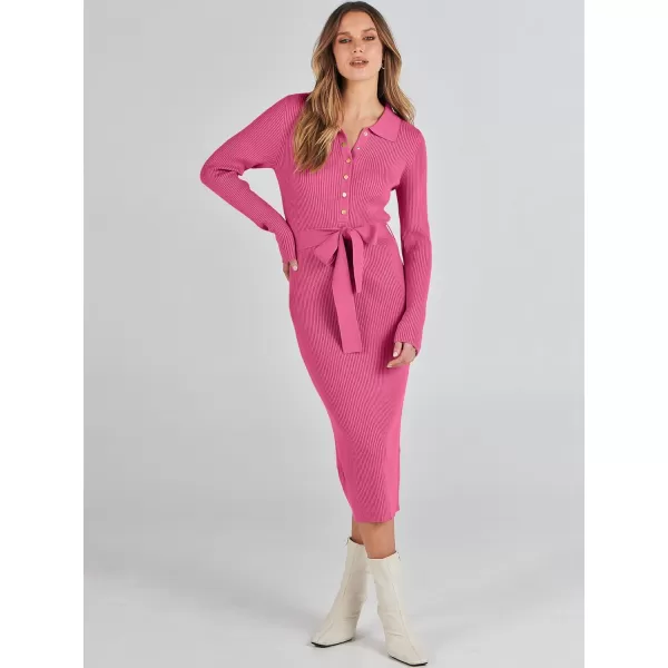 imageANRABESS Womens V Neck Long Sleeve Bodycon Sweater Dress 2023 Fall Button Up Tie Waist Sexy Ribbed Knit Midi DressesHot Pink