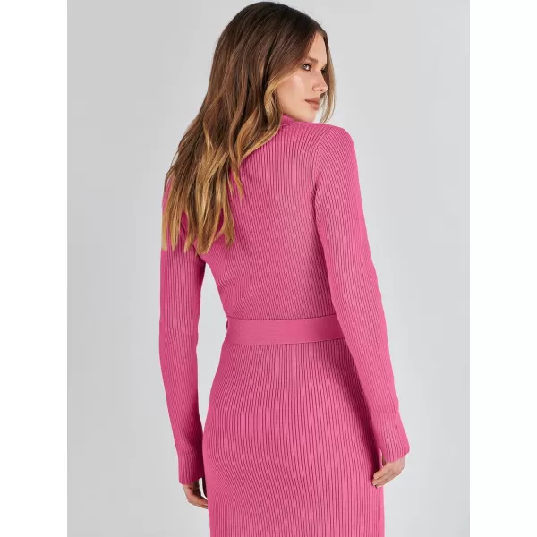 imageANRABESS Womens V Neck Long Sleeve Bodycon Sweater Dress 2023 Fall Button Up Tie Waist Sexy Ribbed Knit Midi DressesHot Pink