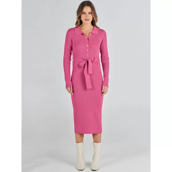 imageANRABESS Womens V Neck Long Sleeve Bodycon Sweater Dress 2023 Fall Button Up Tie Waist Sexy Ribbed Knit Midi DressesHot Pink
