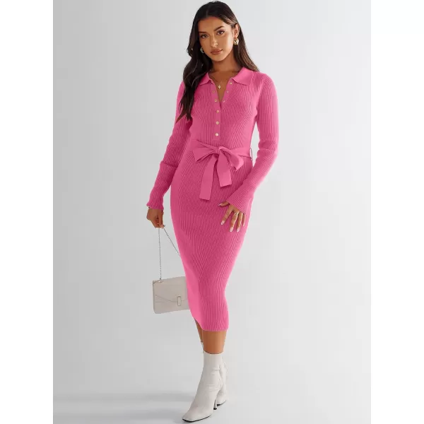 imageANRABESS Womens V Neck Long Sleeve Bodycon Sweater Dress 2023 Fall Button Up Tie Waist Sexy Ribbed Knit Midi DressesHot Pink