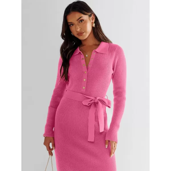 imageANRABESS Womens V Neck Long Sleeve Bodycon Sweater Dress 2023 Fall Button Up Tie Waist Sexy Ribbed Knit Midi DressesHot Pink