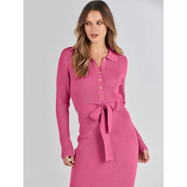 imageANRABESS Womens V Neck Long Sleeve Bodycon Sweater Dress 2023 Fall Button Up Tie Waist Sexy Ribbed Knit Midi DressesHot Pink