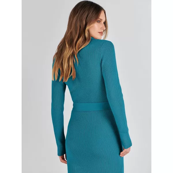 imageANRABESS Womens V Neck Long Sleeve Bodycon Sweater Dress 2023 Fall Button Up Tie Waist Sexy Ribbed Knit Midi DressesLake