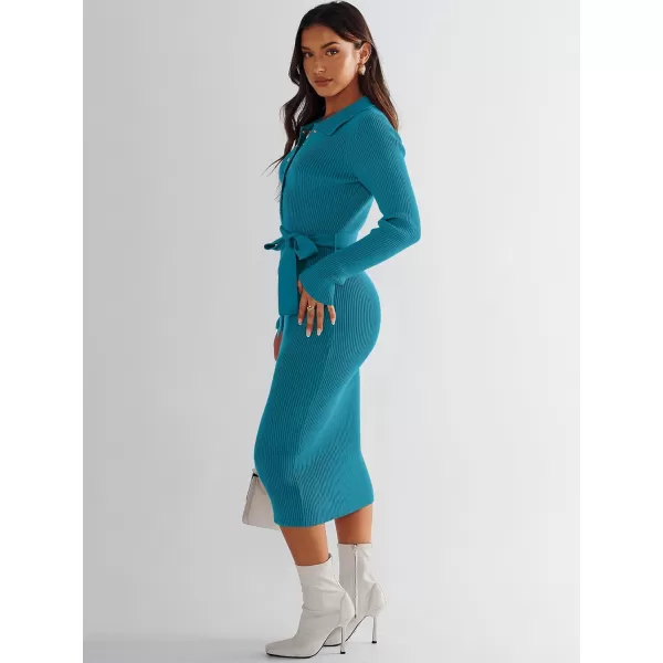 imageANRABESS Womens V Neck Long Sleeve Bodycon Sweater Dress 2023 Fall Button Up Tie Waist Sexy Ribbed Knit Midi DressesLake