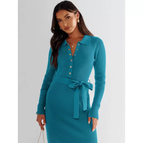 imageANRABESS Womens V Neck Long Sleeve Bodycon Sweater Dress 2023 Fall Button Up Tie Waist Sexy Ribbed Knit Midi DressesLake