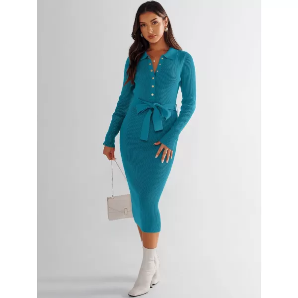 imageANRABESS Womens V Neck Long Sleeve Bodycon Sweater Dress 2023 Fall Button Up Tie Waist Sexy Ribbed Knit Midi DressesLake