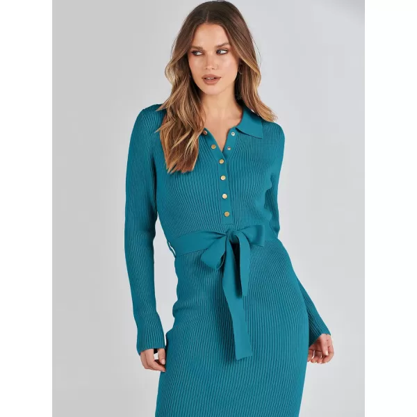 imageANRABESS Womens V Neck Long Sleeve Bodycon Sweater Dress 2023 Fall Button Up Tie Waist Sexy Ribbed Knit Midi DressesLake