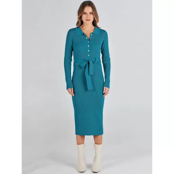 imageANRABESS Womens V Neck Long Sleeve Bodycon Sweater Dress 2023 Fall Button Up Tie Waist Sexy Ribbed Knit Midi DressesLake