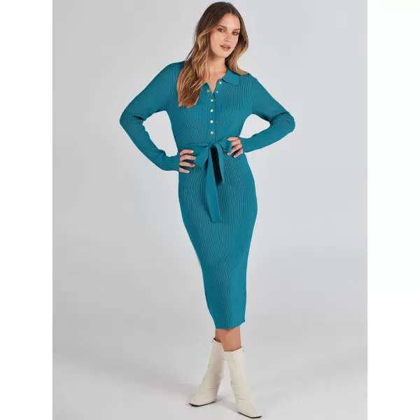 imageANRABESS Womens V Neck Long Sleeve Bodycon Sweater Dress 2023 Fall Button Up Tie Waist Sexy Ribbed Knit Midi DressesLake