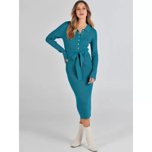 imageANRABESS Womens V Neck Long Sleeve Bodycon Sweater Dress 2023 Fall Button Up Tie Waist Sexy Ribbed Knit Midi DressesLake